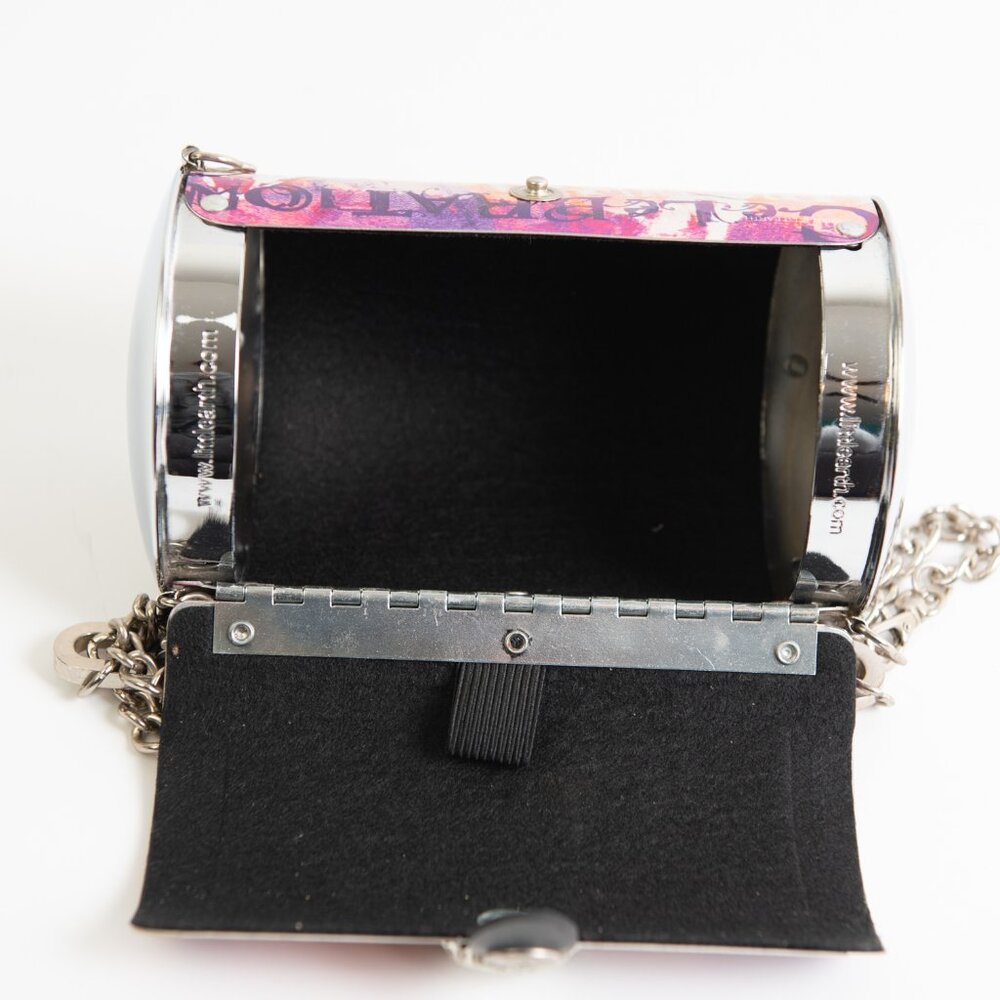 Little Earth Unique Metal Purse Cosmopolitan Theme Chain Strap Bag Pink Purple - Picture 4 of 9